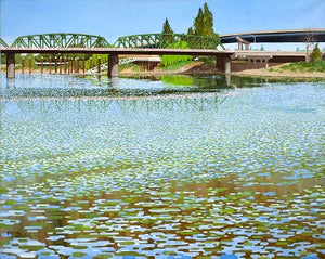 OIl painting of the Willamette River with a kayaker passing under the Hawthorne Bridge, by Phil Fake