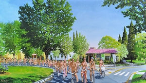Portland Naked Bike Ride oil painted gicleé by Phil Fake