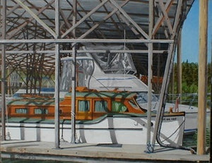 An old wooden boat in a marina. Oil on canvas by Urban Landscape artist, Phil Fake.