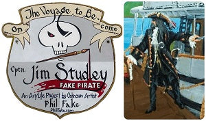 The Voyage to Become Captain Jim Studley, painted on a crest for a boat. A painting of the artist as Captain Studley by his old boat 'Victory'