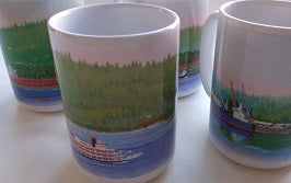 Ceramic mug printed with an image of the oil painting 'Prams' by Phil Fake