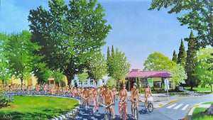 Artist, Phil Fake, painting the Illuminated Gicleé™, 'Portland Naked Bike Ride'