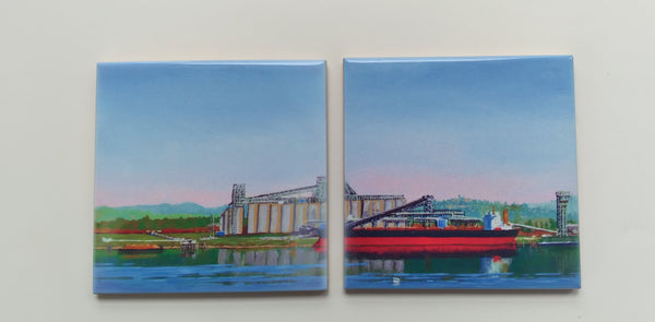 'Ship and Silos in Evening Light' Set of 2 Ceramic Tile Coasters