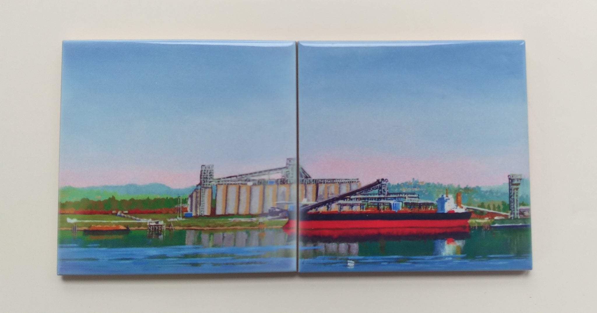 'Ship and Silos in Evening Light' Set of 2 Ceramic Tile Coasters