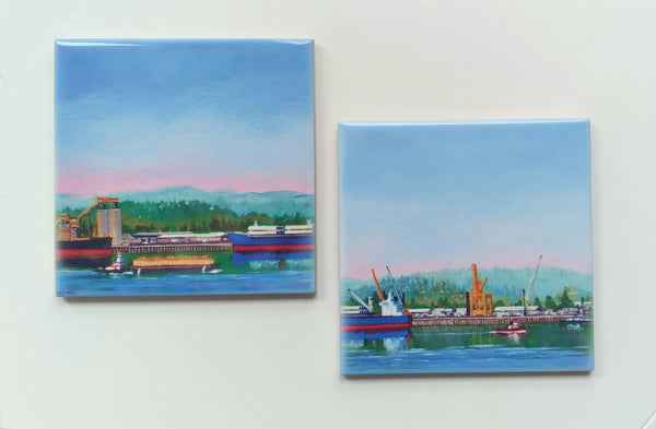 'Ship and Barge' Set of 2 Ceramic Tile Coasters