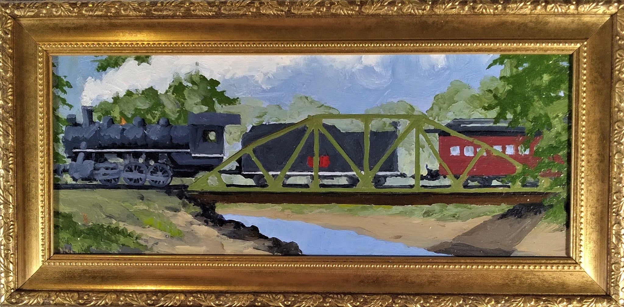 'Train Bridge' mini oil painting
