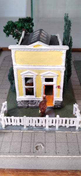 Bicyclist and the Red Door, scratch built paper house