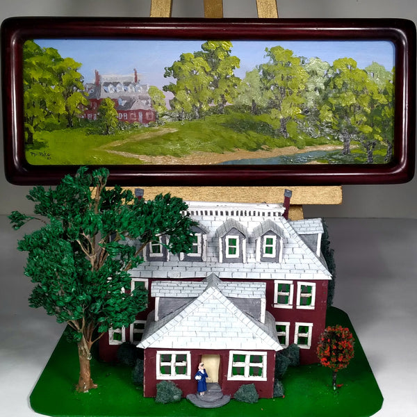 A scratch built paper house and mini oil painting of it, by Phil Fake