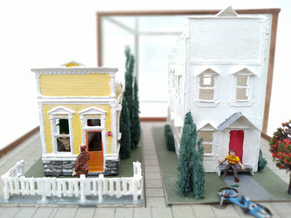 Bicyclist and the Red Door, scratch built paper house