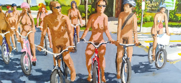 Close up front view of naked bicyclists in Portland Oregon. Oil painting on giclee' by Phil Fake