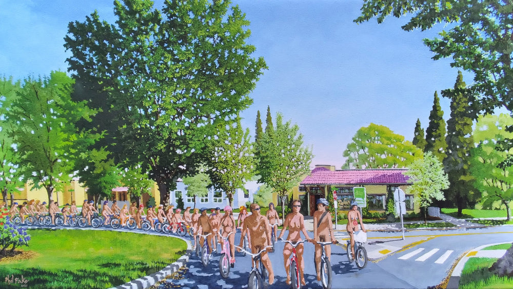 Naked bicyclists riding around Ladd Circle in Portland Oregon, Oil painting on giclee by Phil Fake
