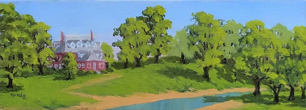 A mini landscape oil painting of a red house maquette with grass, trees, and a trail leading to a stream, by Phil Fake