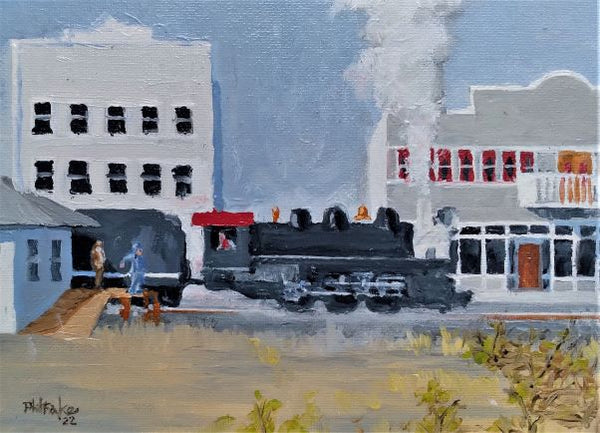 'Train Station Chat' mini oil painting