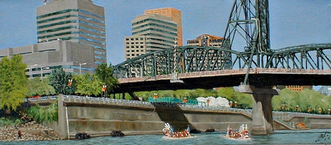 'Dragon Boats' oil painting on canvas 16"h x 36"w